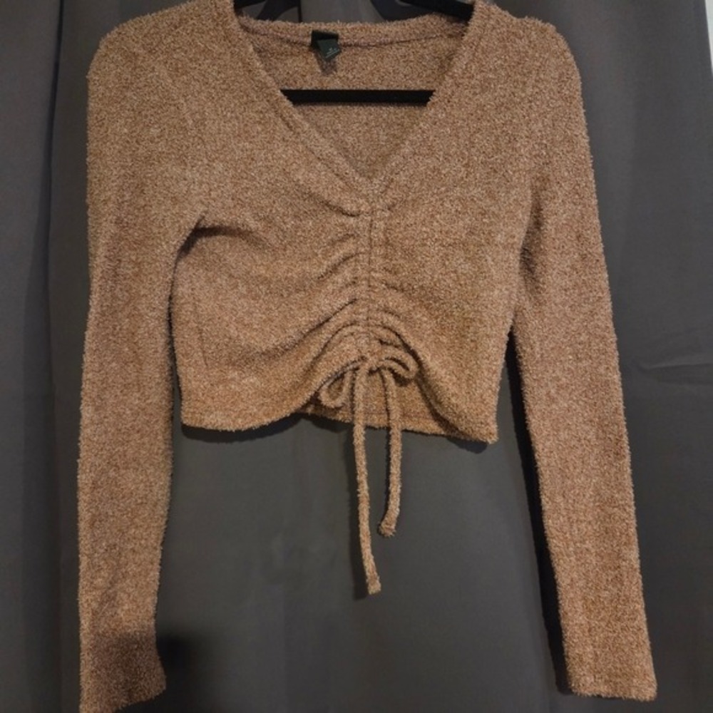 Wild Fable Brown Fuzzy Cropped Sweater, Women's Medium Tie Front